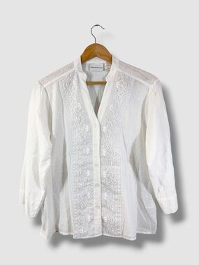 Alfred Dunner White Cotton Button Up Blouse Size 10 Beaded Embroidered Casual